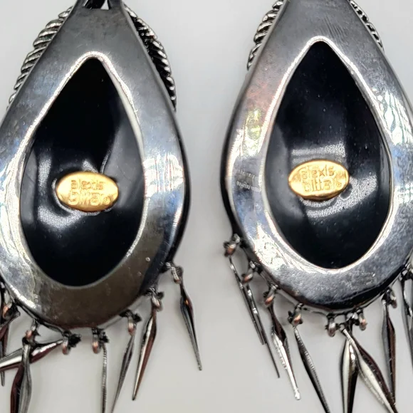 Alexis Bittar Gray Lucite and Malachite Glass Feather Earrings Clip On Silver